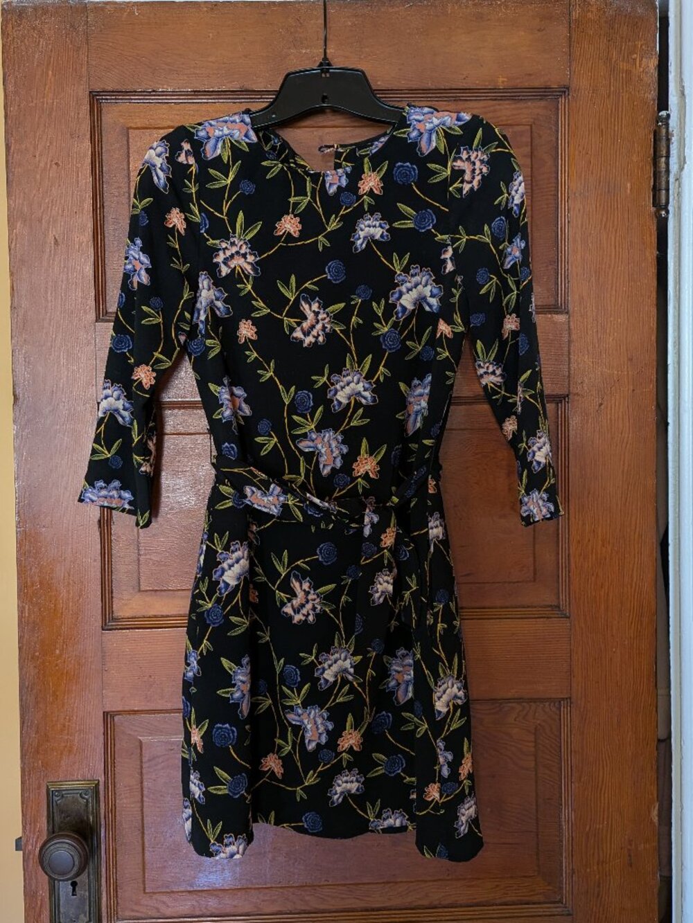 H&M Flower Patterned 3/4 Sleeve Mid-Thigh Dress with Waist Tie